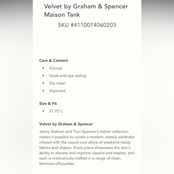 Anthropologie NWT VELVET BY GRAHAM & SPENCER MAISON TANK Size S. - Picture 5 of 5